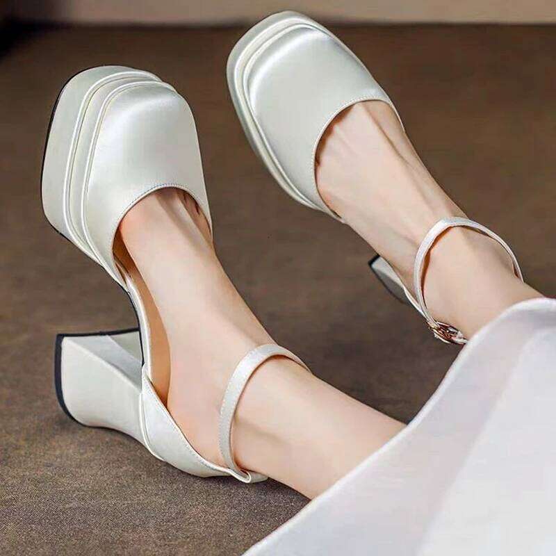2025 Women'S High Chunky Platform Closed Block Heels Square Toe Ankle Strap Dress Wedding Party Prom Pumps Shoes