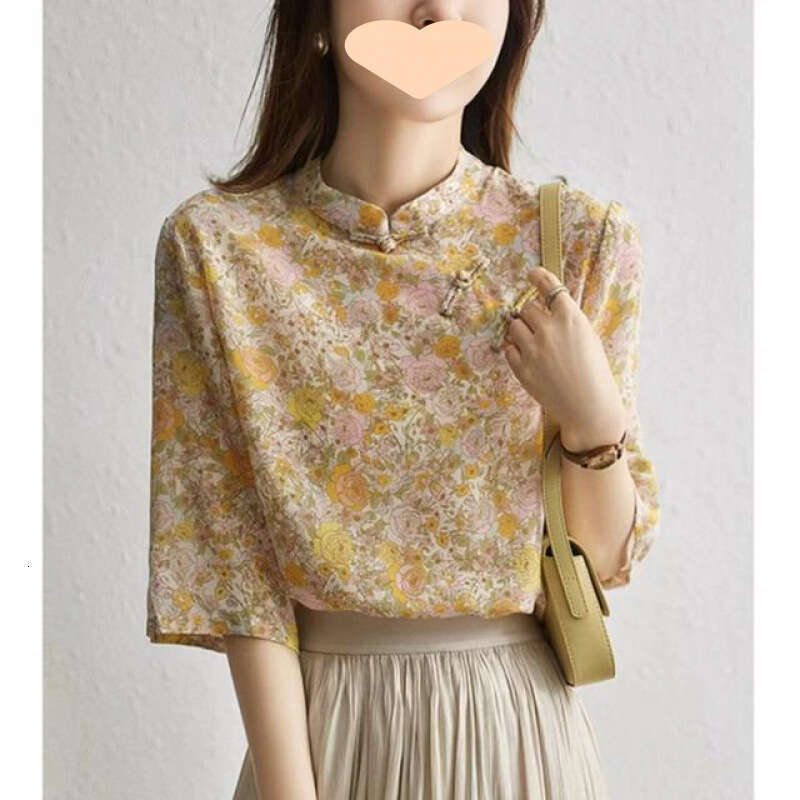 Hot Chinese Style Chi-pao Collar Design Button Tops 2024 Summer Women Date Girls Yellow Floral Print Retro Shirt Blouse Vintage