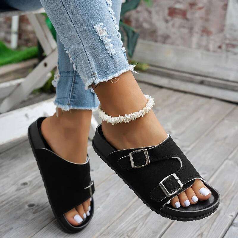 Women Summer Solid Color Sandals Classic Fashion Platform Lazy Slippers Trendy Flat Shoes Soft Bottom Slides