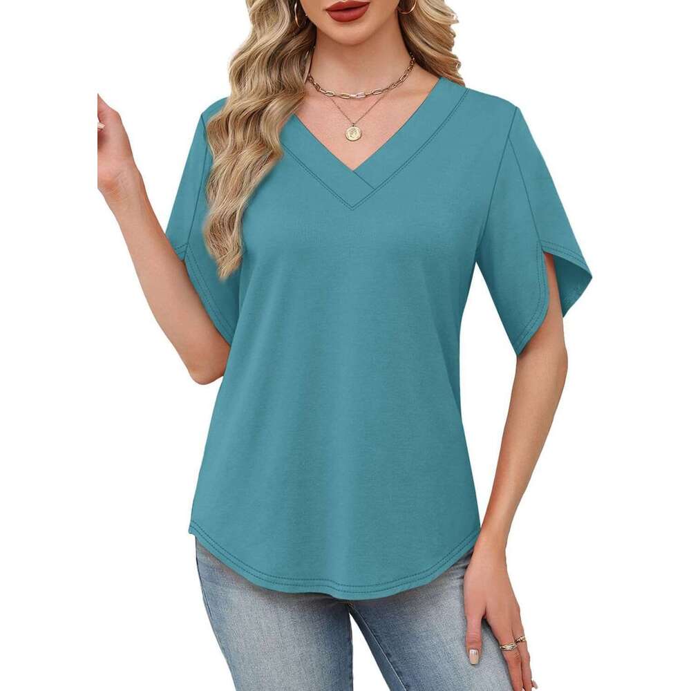 V Neck T Shirts for Women Designer Summer Spring Short Sleeve Shirt Dressy Business Casual Blouse Beach Vacation Clothes