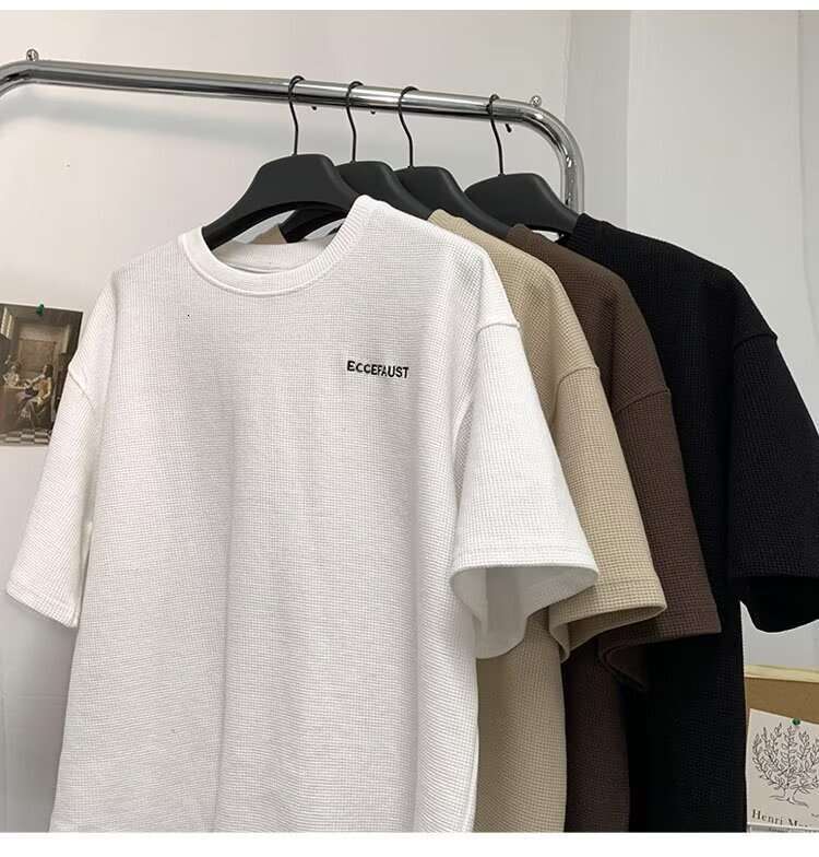 Shirts Designer Tees Waffle Short Summer Trendy Round Neck Half Top Loose Casual Five Sleeve T shirt Men's Clothing Daily Outfit - view 3
