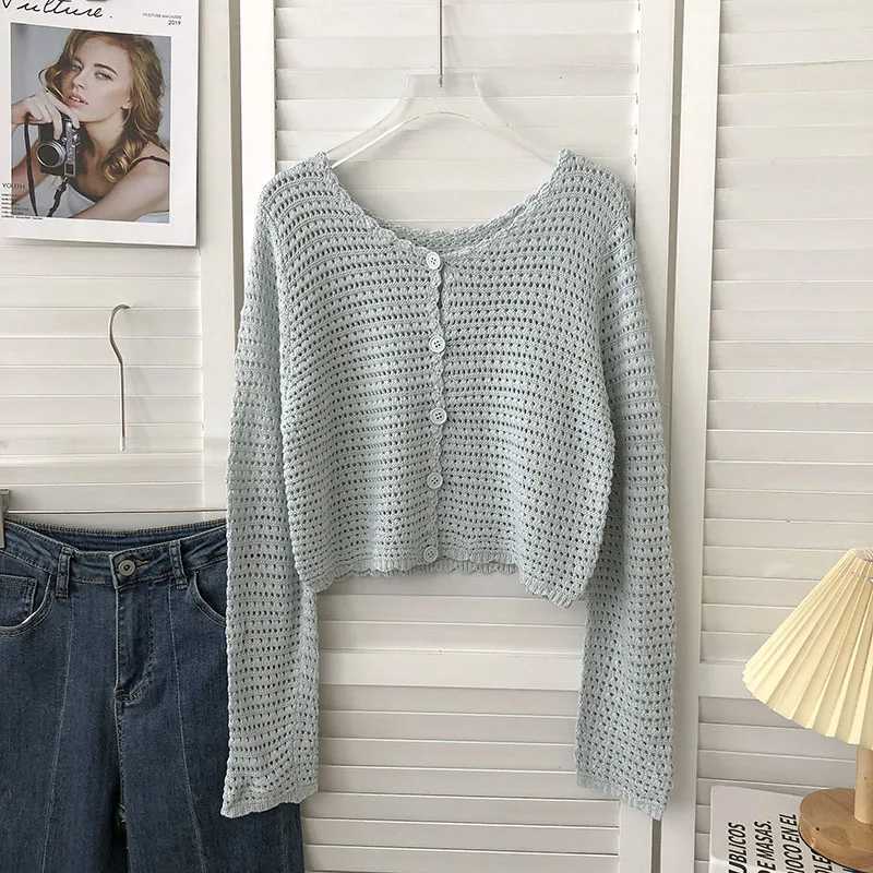 Crochet Cardigan for Women Sheer Openwork Knit Long Sleeve Button Up Crop Top Teen-girl Shrug Cardigan Autumn Spring Y2K Outfit M260306