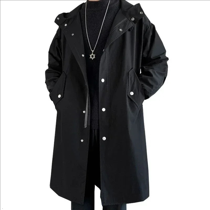 Mens Black Long Hooded Trench Coat Oversized Loose Fit Windbreaker Fashion Casual Waterproof Jacket 2026 Korean Streetwear 260302