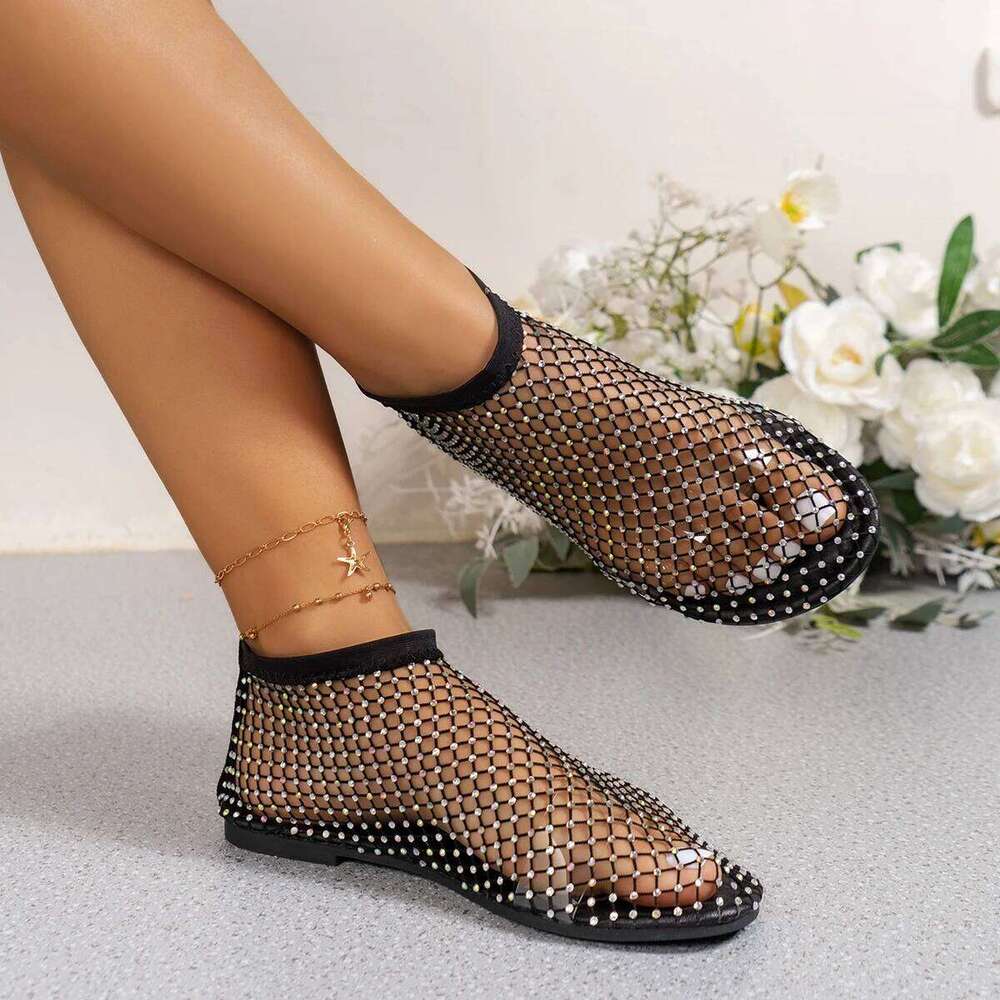 2025 Round Toe Sandals With Hollowed Out Diamond Studded Internet Famous Short Boots Summer Sexy Plus Size Flat Shoes