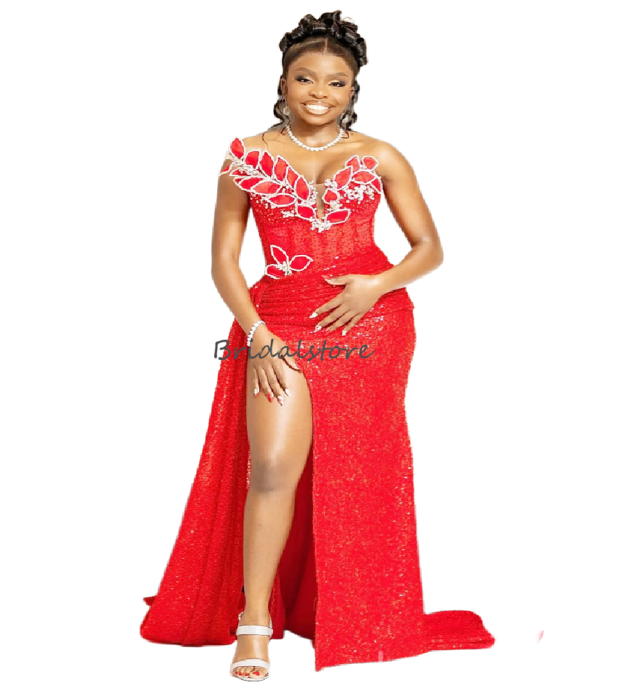 Sparkly Red Sequin Prom Dress For Black Girls Plus Size Sweetheart Mermaid Evening Gowns Sexy High Slit African Nigeria Forma Occasion Aso Ebi Birthda