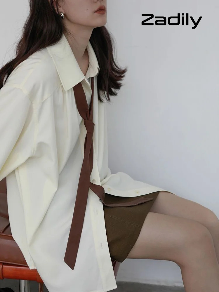 Korean Style Minimalist Oversized Blouse Women Long Sleeve Button Down Shirt with Detachable Tie for Office Casual Wear 260306