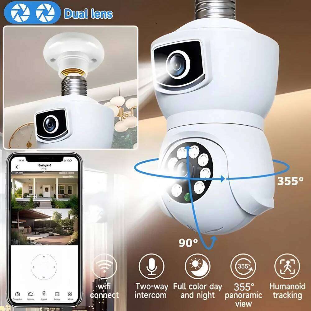 4K 8MP E27 Bulb WiFi Dual Lens Color Night Vision Auto IP Camera Tracking Two Way Audio Indoor Outdoor Security Camcorder 26W0306