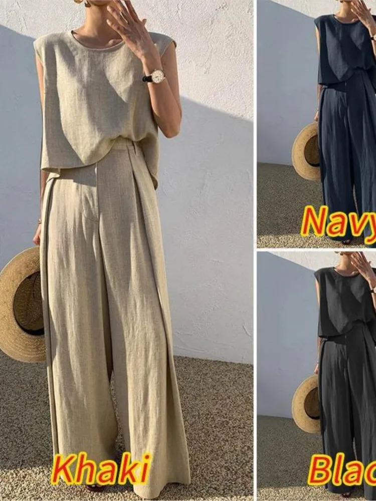 Cotton Linen Fashion Round Neck Sleeveless Vest Wide Leg Pants Two-piece Set Casual Loose Womens Set Style 260305