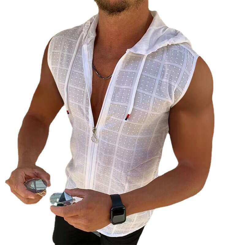 Cross-Border Foreign Trade European Size Summer Zipper Cardigan Fashion Plaid Lightweight Breathable Men's Sleeveless Hoodie