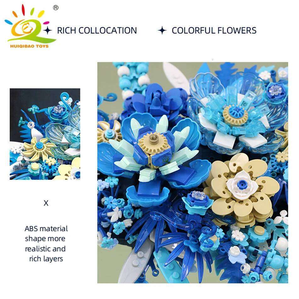 HUIQIBAO 917PCS MOC Blue Flower Model Building Blocks 3D flores Bouquet Potted Plants Bricks Kits Children DIY Toy Home Decor Z260306