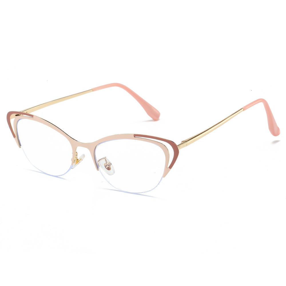 Cool Square Metal Cat-Eye Hollow Half-Rim Eyeglass Frame Anti-Blue Light New Two-Tone Non-Prescription Glasses