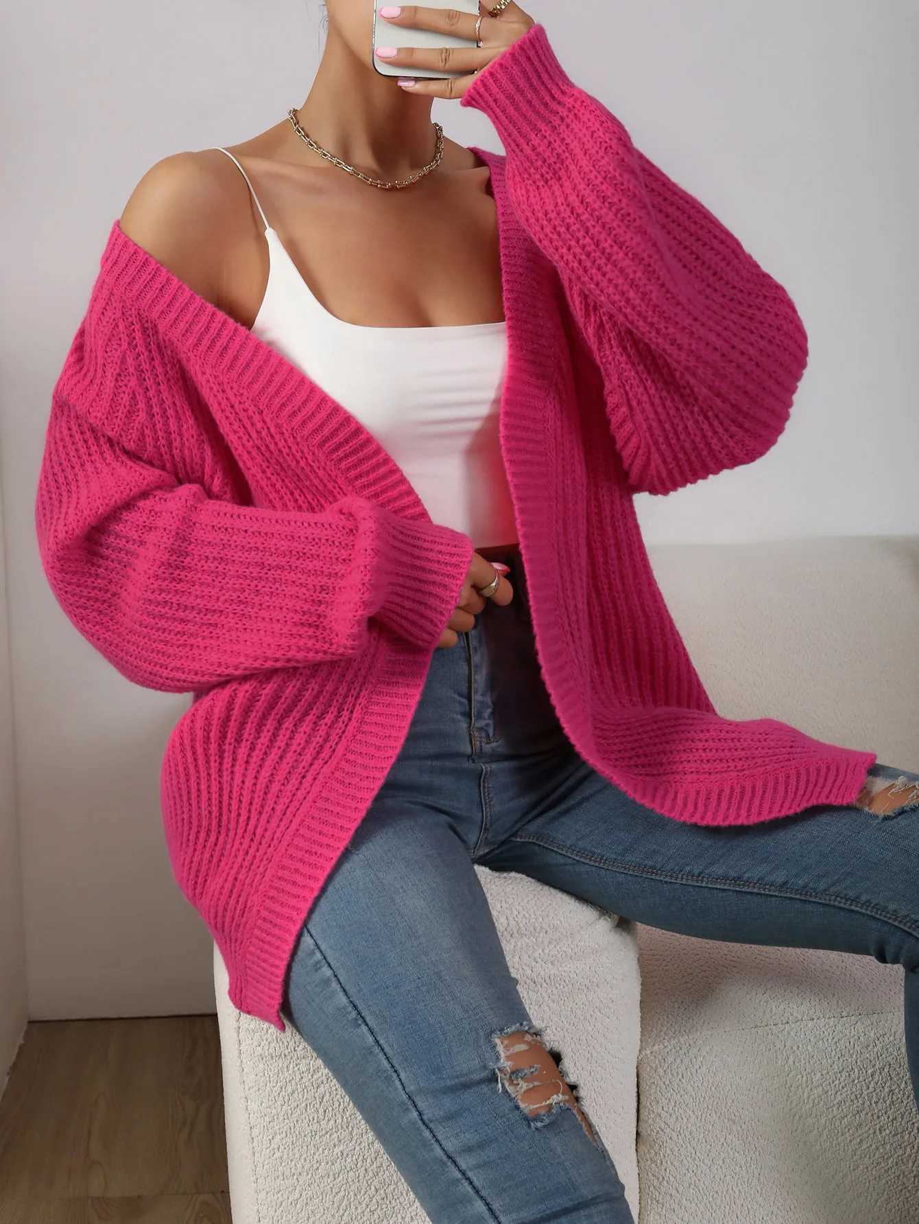 Womens Multi-Color Open Front Knit Cardigan Oversized Long Sleeve Casual Loose-Fit Outerwear Black/Pink/White M260306