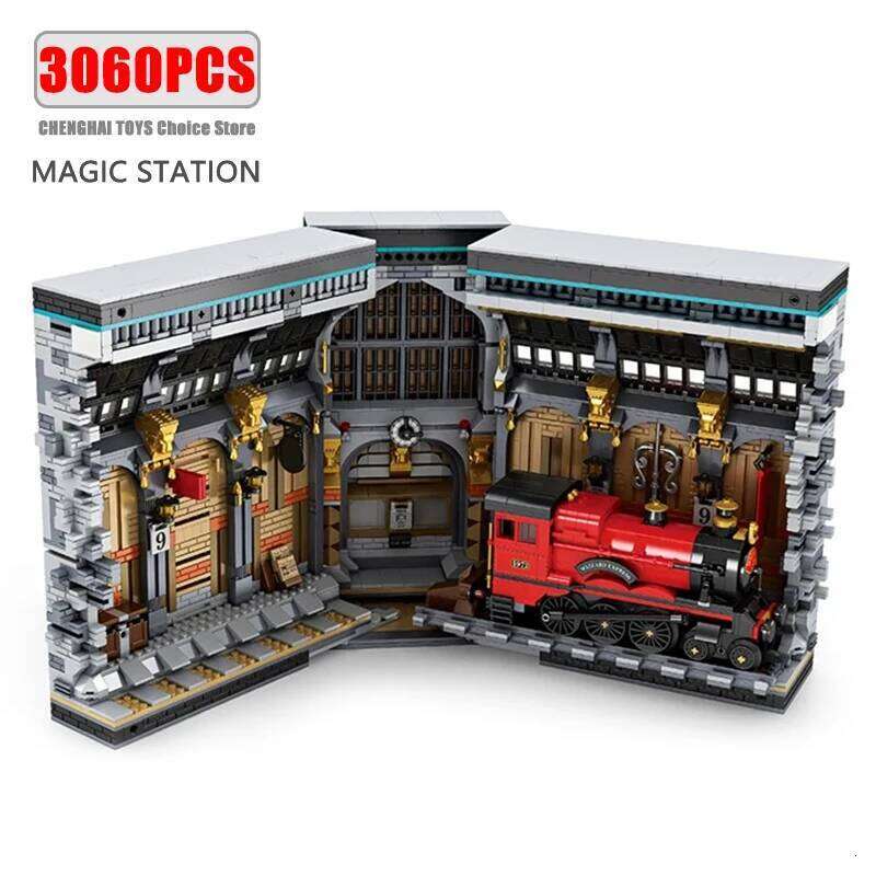 3060PCS Train Station Magic Bookend MOC Model Building Blocks Creative Street View Assembly Bricks Set With Light Kids Toys Gift Z260306