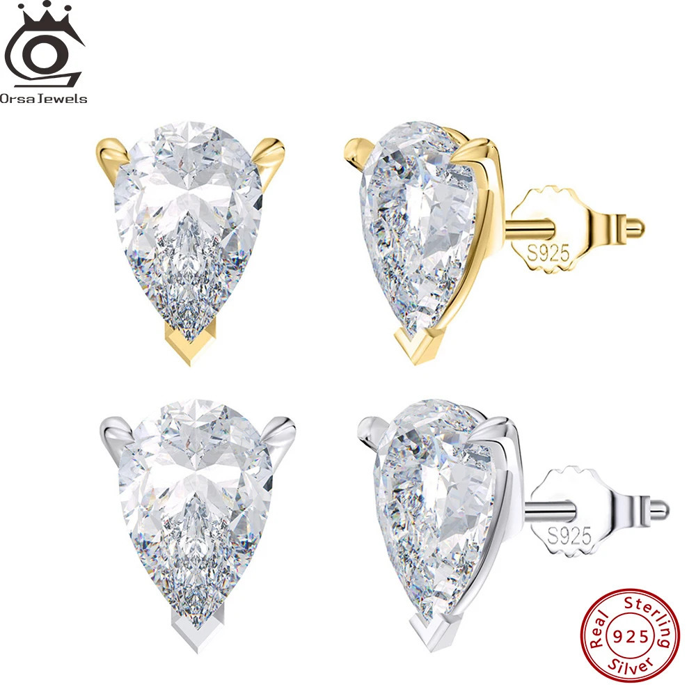 ORSA JEWELS 925 Sterling Silver Stud Earrings with Water Drop Cut Zirconia Stone Elegant and Timeless Jewelry for Women LZE02 260303