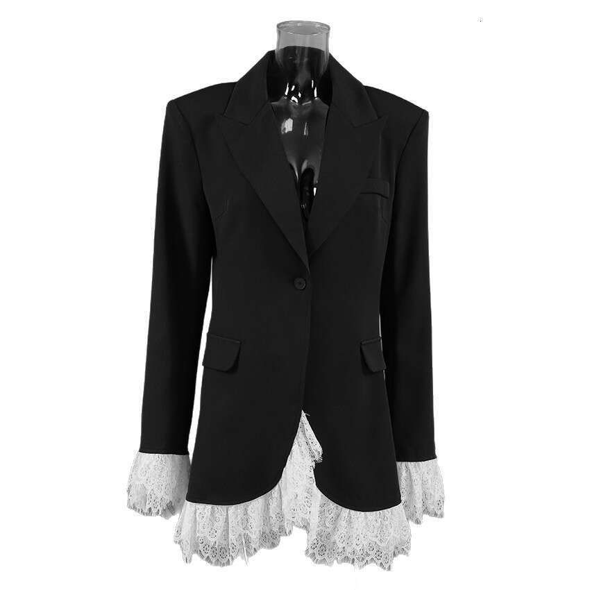 Elegant Lace Blazer Coat Women Fashion Office Lady Full Sleeve Single Breasted Jackets 2025 New Autumn Black Casual Slim Coats Asia Size