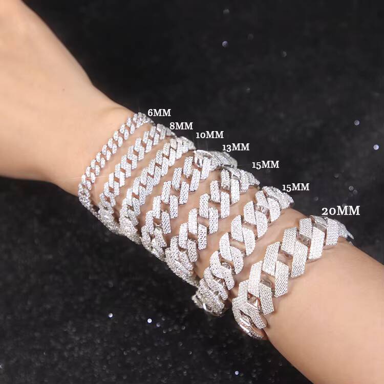 Wholesale 8MM -15MM Cuban Chain Factory Direct Sale Hip Hop Style Vvs Diamond 925 Silver Link Moissanite Cuban Bracelet