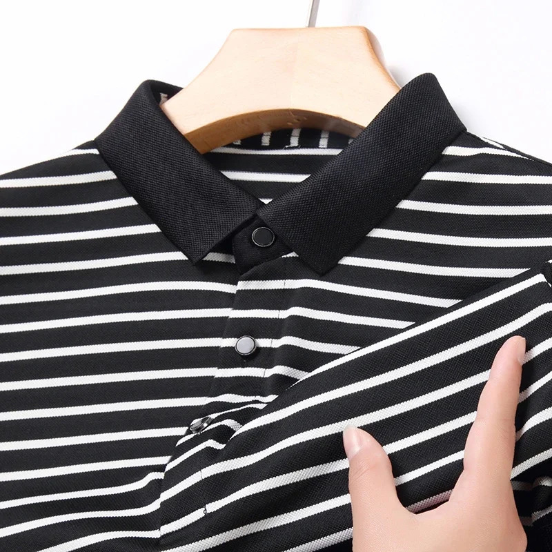 Mens Striped Cotton Business Casual Short Sleeved POLO Shirt Fashion Short Sleeved Comfortable and Breathable Top 260304