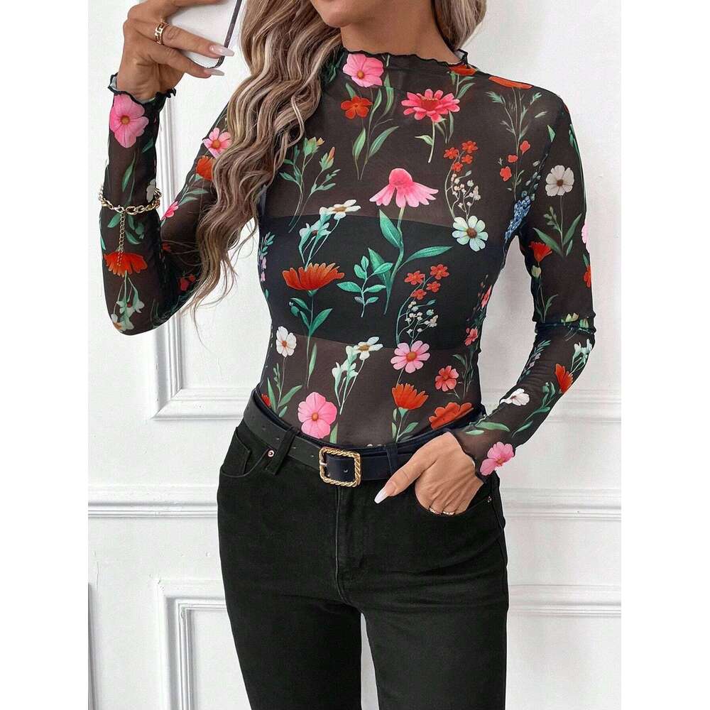 2026 Women's Sexy Leopard Print Mesh Ruffle Bodysuit T-Shirt Top For Women Sunscreen clothing base shirt