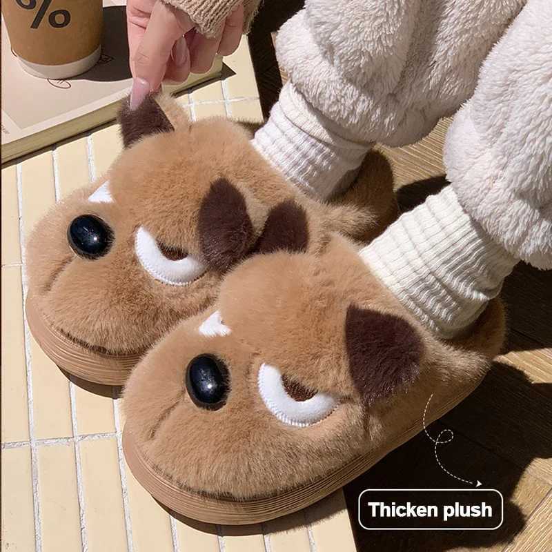 Husky Dog Faux Fur Couple Winter Slippers Chunky Platform Non Slip House Shoes Woman Comfort Fluffy Plush Outdoor Slippers Women S260305