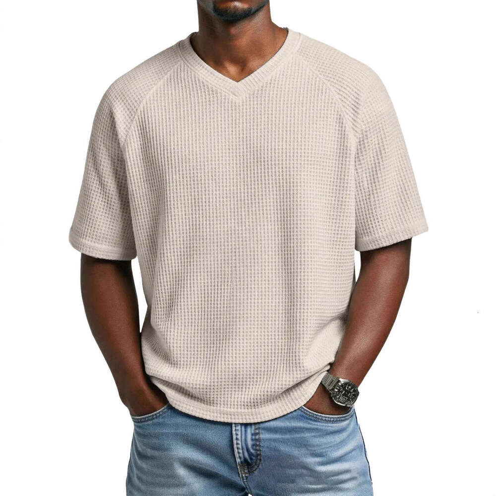 2026 European and American Spring Summer Cross-Border Independent Station Fashion Waffle Knit Raglan V-Neck Short Sleeve Men's T-Shirt