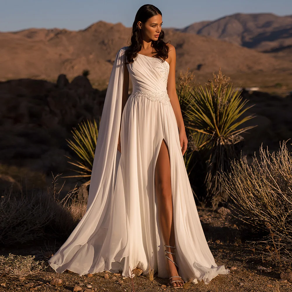 One Shoulder Chiffon Boho Wedding Dress Side Slit A-Line Long Summer Beach Bridal Gowns Beaded Pleats White Country Bride Dress Vestidos De Novia