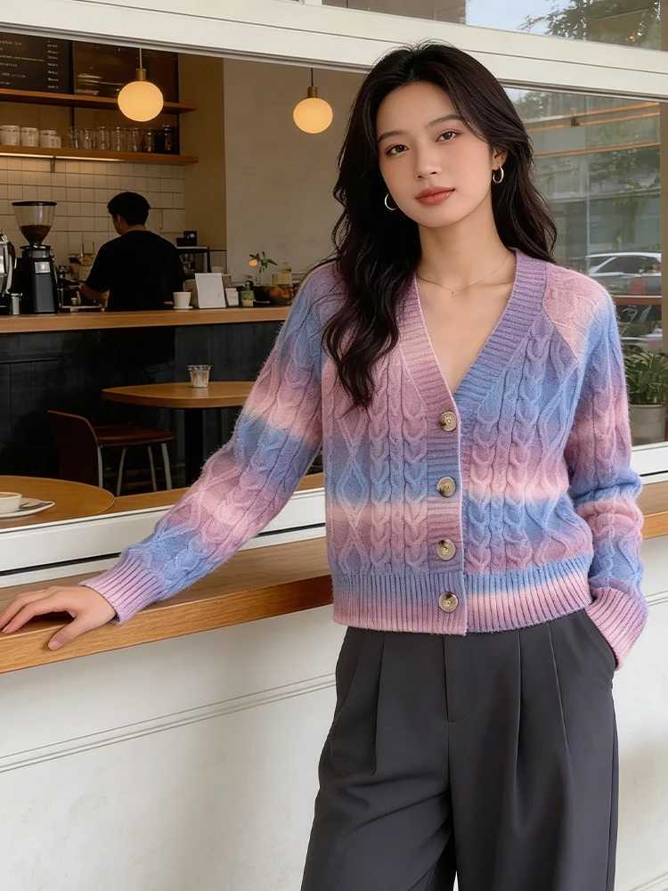 SLTNX Tie-dyed V-neck Short Cardigan in Autumn and Winter Women Long-sleeved Gradient Sweater Coat Korean Fashion Button Sweater M260306