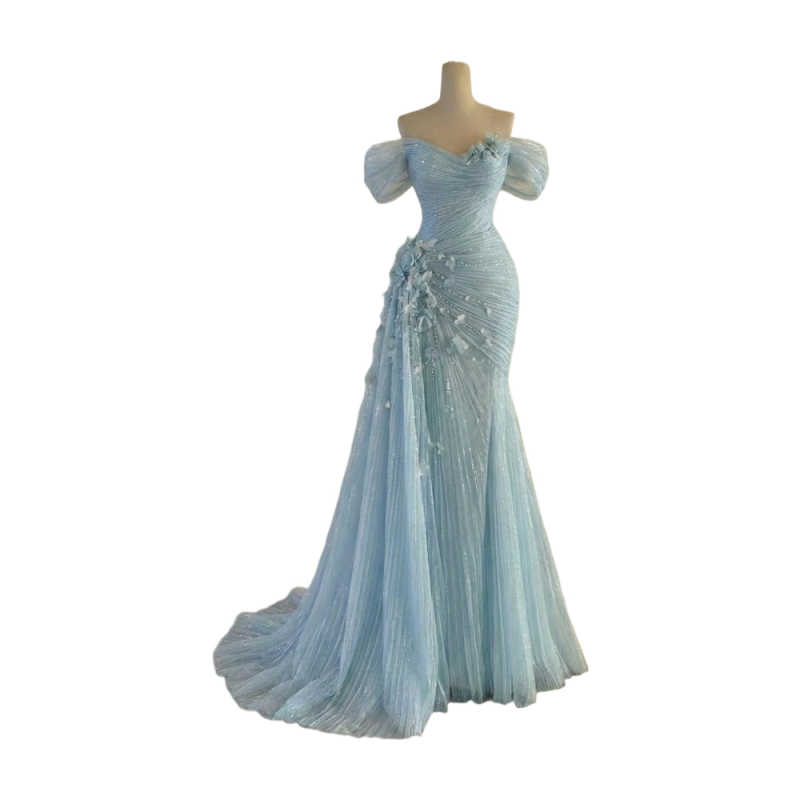 Elegant Mermaid Evening Dresses Off-Shoulder Sleeveless Crystals Pleated 3D Flower Prom Party Dresses With Train Customized