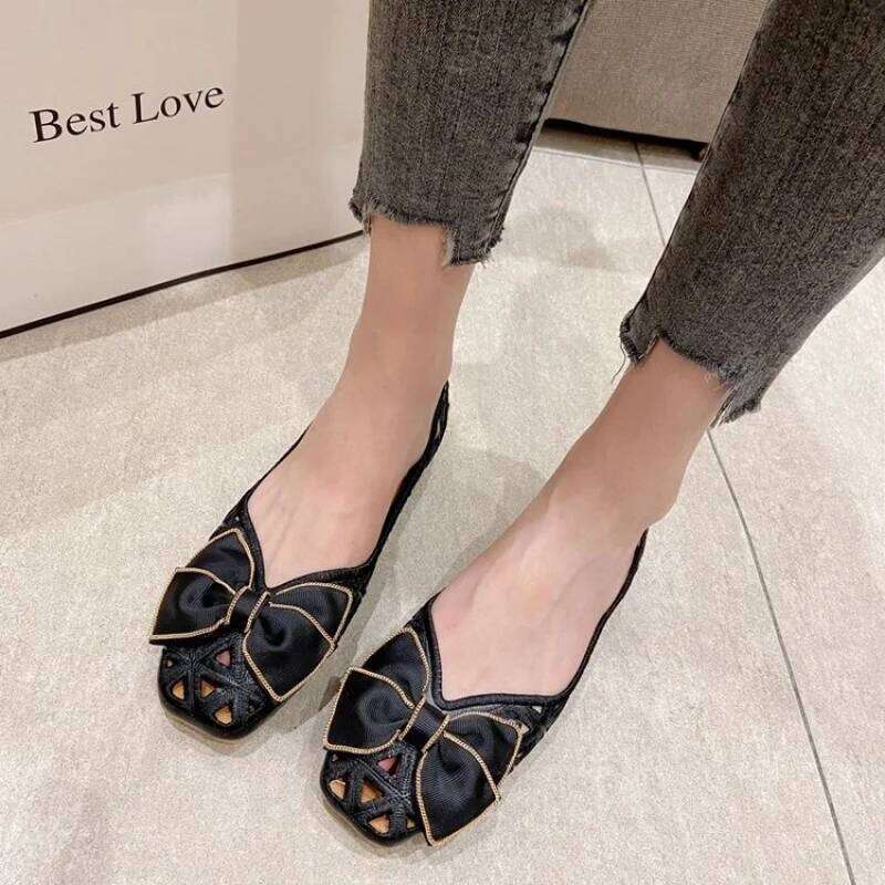 Women's Flat Sandals French Bowknot Hollow Out Breathable Low-Cut Square Toe Comfortable for Mom Summer Israel Hot Selling