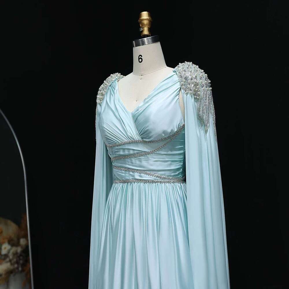 Rose Gold Arabic V-Neck Turquoise Evening Dress With Cape Women Wedding Party Gown Customized