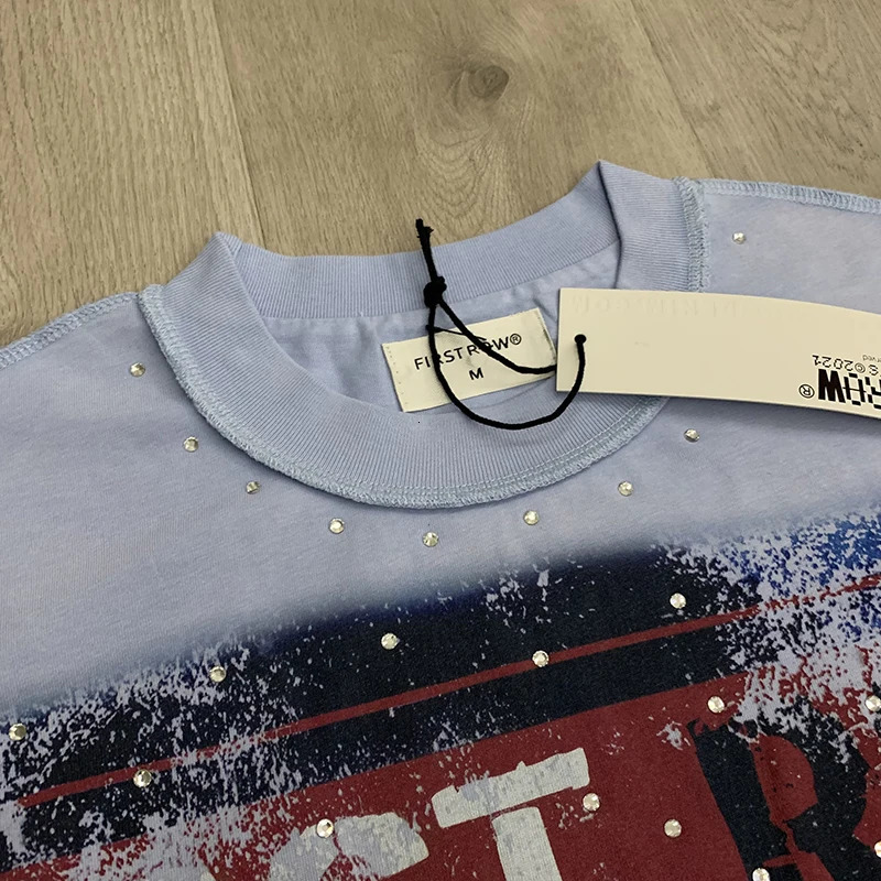 FIRST ROW T-Shirts street fashion American Style Drill Letters Mens Womens High Quality Short Sleeves Black Washed Tee 260304