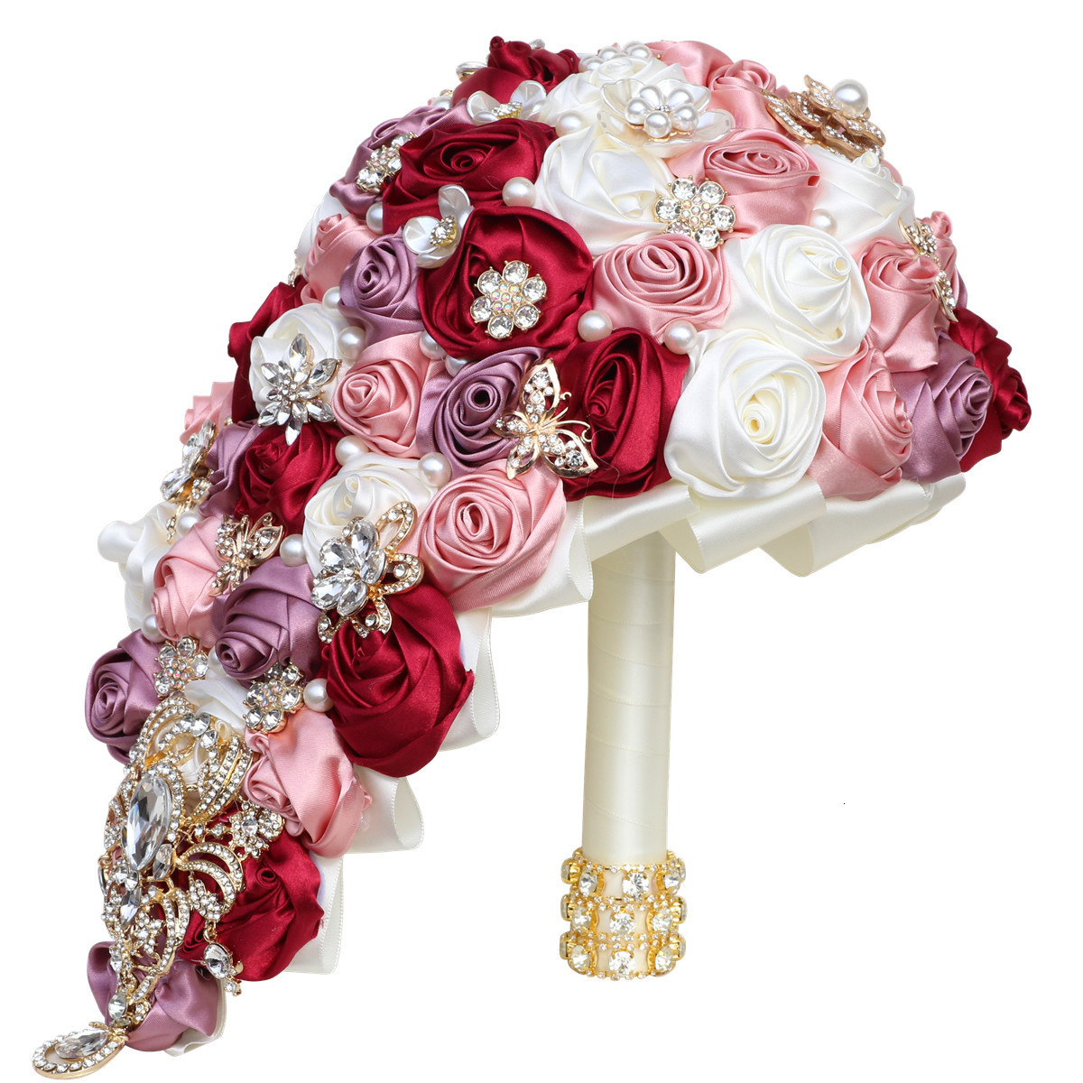 Waterfall Water Drop Handheld Flower Gold Diamond Ribbon Rose Wedding Supplies Cross border Supply Spot Multi color Bouquet
