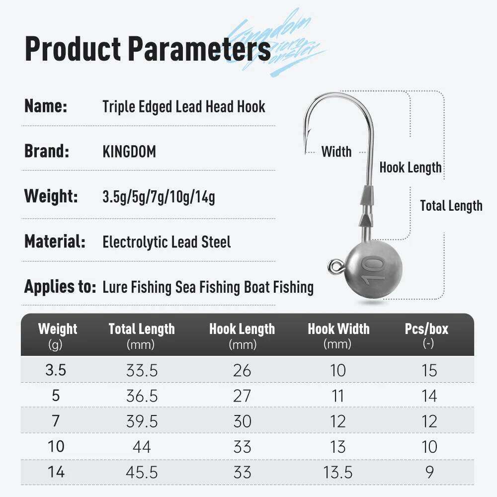 Kingdom 15pcs 3X Reinforced Jighead Hooks 3.5g 5g 7g 10g 14g High Carbon Steel Treble Edged Hook Fishing Tackle Accessories S260305