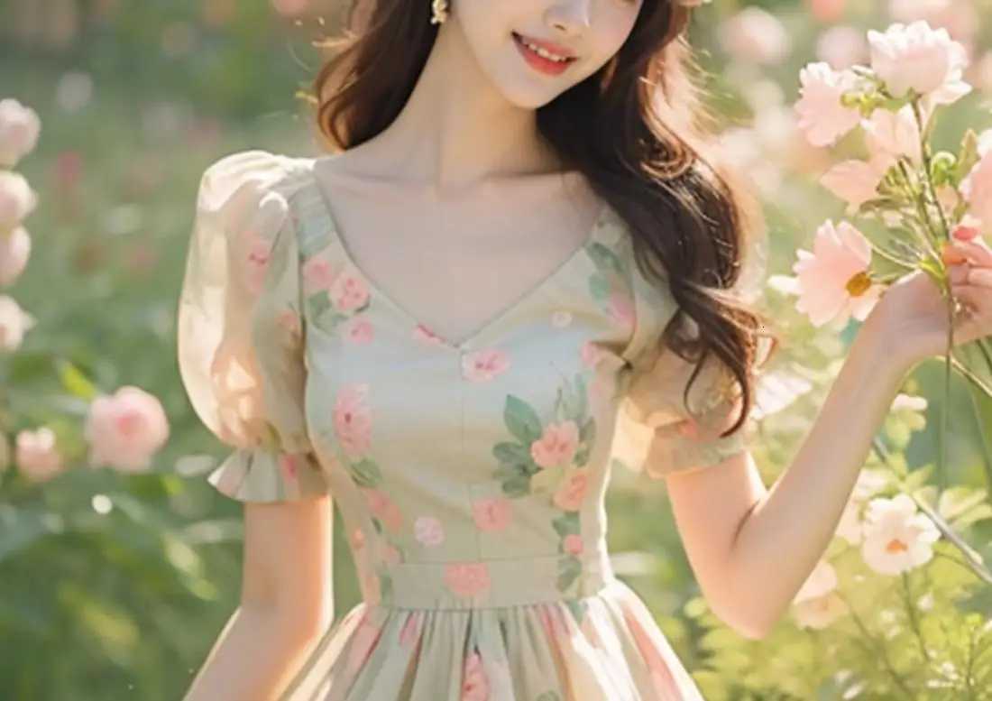 Beautiful Temperament Super Good-looking High-end Exquisite Waist-hugging Floral Puff Sleeve Dress for Women X260306