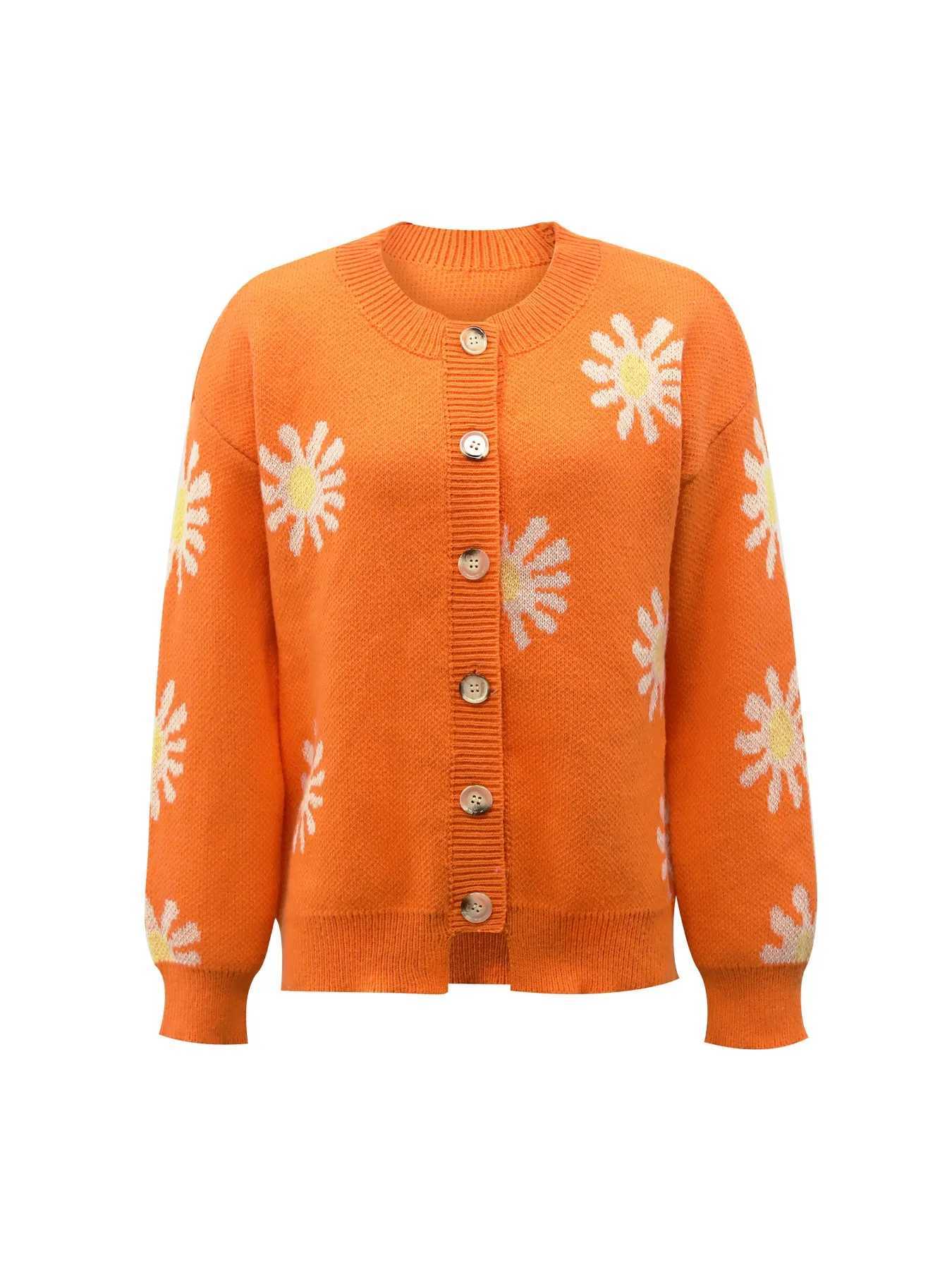Womens Oversized Knit Cardigan Casual Button-Up Sweater with Orange Daisy Embroidery Comfortable Loose Fit Sweater M260306
