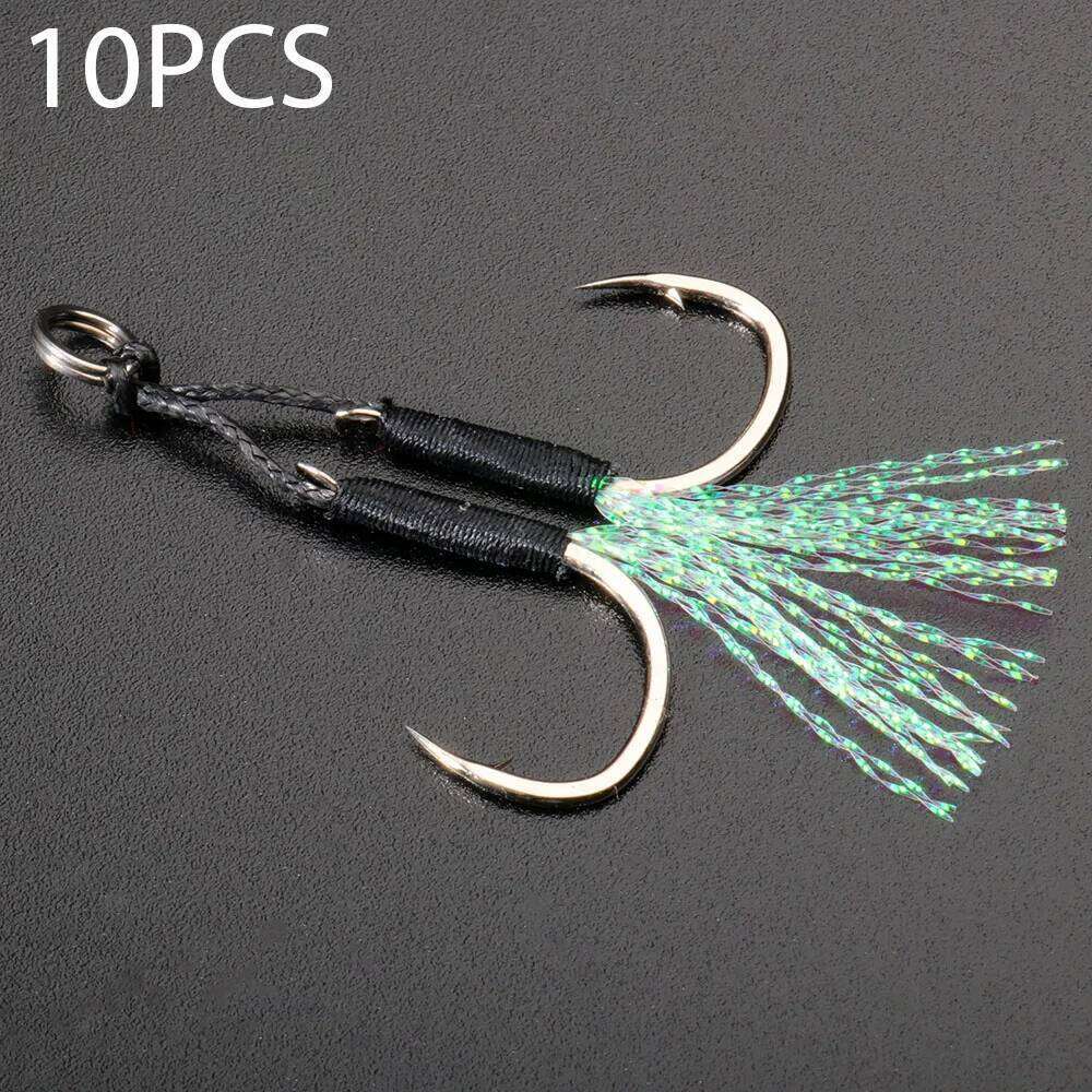 10 Pairs Cast Jig Assist Hook High Carbon Steel Angle Barbed Thread Feather Fishing Tackle Slow Jigging Tool Pesca Lure Fishhook S260305