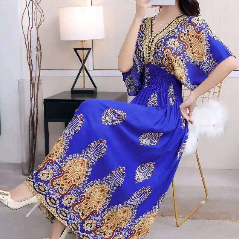 Autumn Chic Sweet Casual Countryside Print V-Neck Batwing Short Sleeve Midi Holiday Dress Fashion women dress
