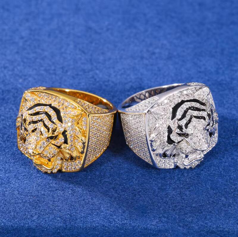 Special Design Hip Hop Jewelry Gold-Plated 925 Sterling Silver VVS Moissanite Diamond Shining 3D Tiger Ring With GRA Certificate