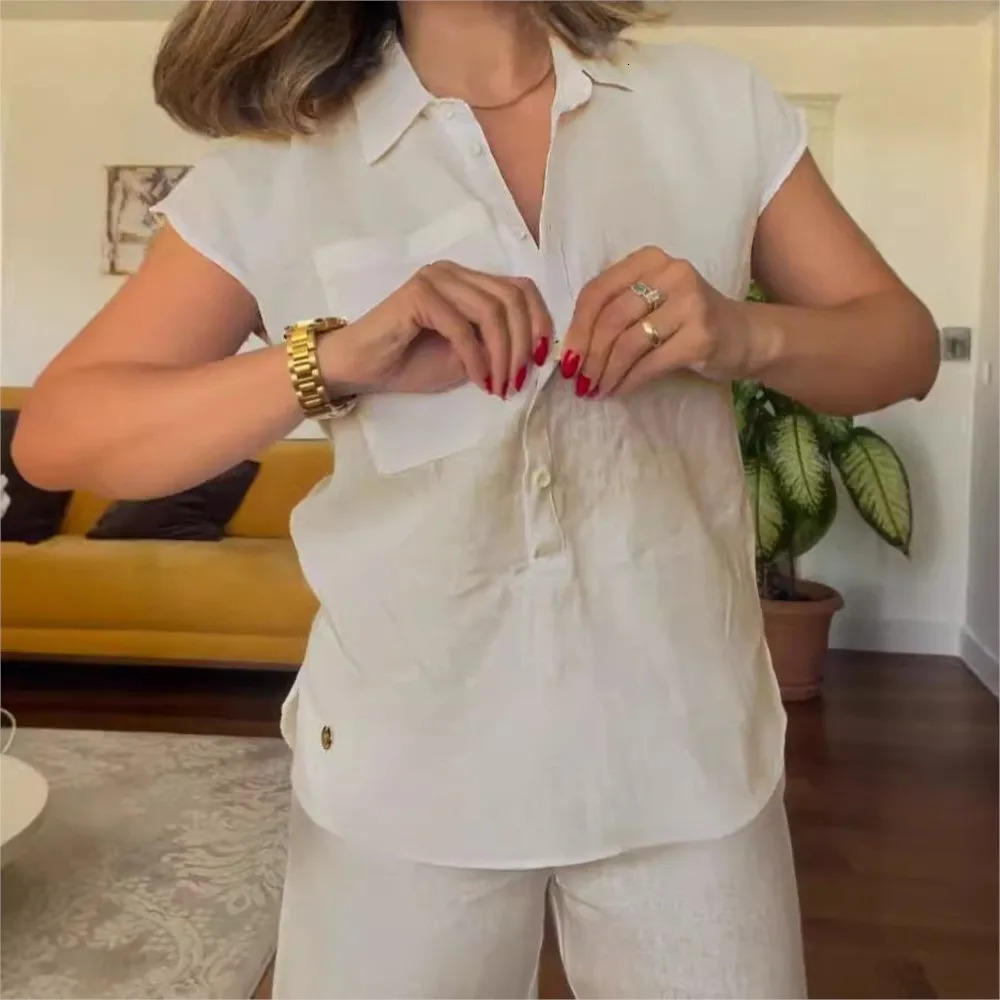Spring summer short-sleeved shirt women Solid color cotton linen Suit Fashion pocket leg pants Female office elegant 2piece set 260304