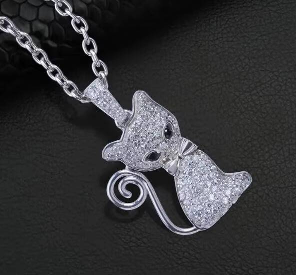 925 Sterling Silver VVS1 Moissanite Iced Cat Pendant Necklace for Women Girls Teens Hip Hop Jewelry for Cat Fine Pendants Charms
