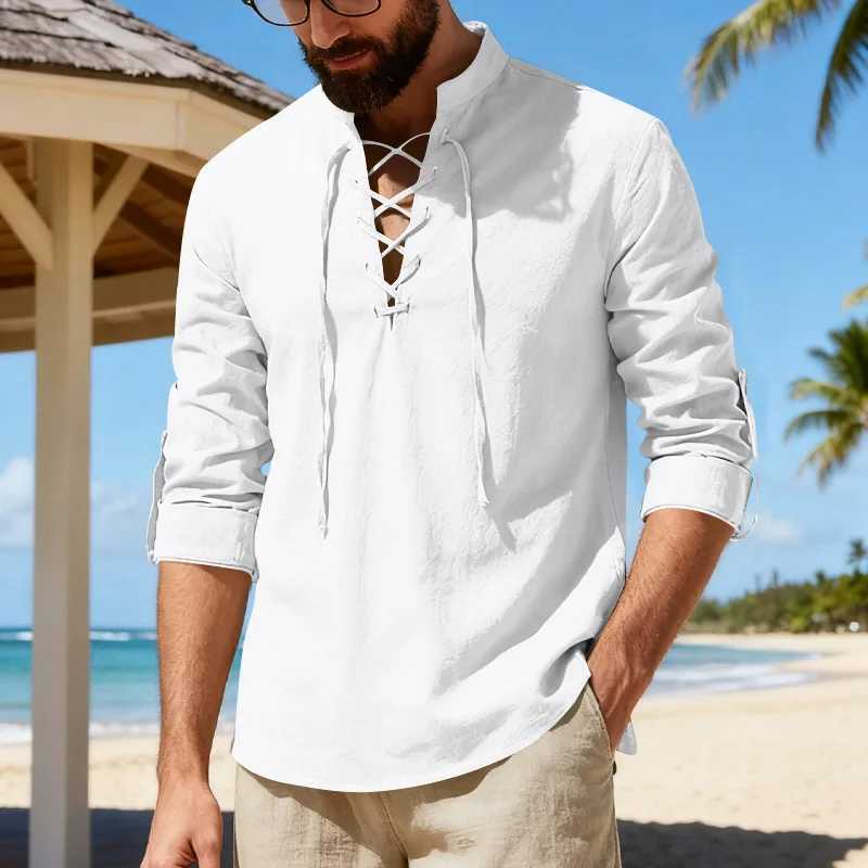 2026 New Mens Cotton Linen Shirt Long Sleeve Male Shirts Henley Button Strap Stand Collar Casual Shirt Spring Summer Vintage M260305