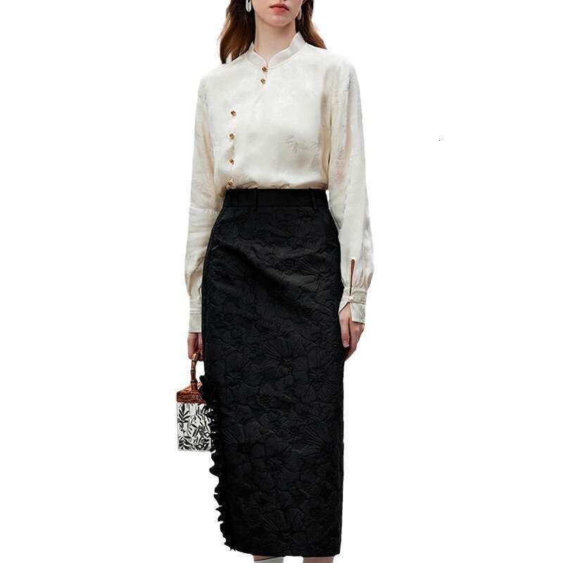 Mardi Hefxessdr Elegant Jacquard Stand Collar Long Sleeve Shirt Improved Button Design High-end Feel For Spring style shirt women's clothing