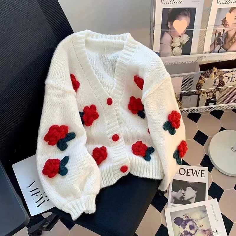 New 3D Flower Knitted Cardigan Women Sweet Cute Korean All-Match V-Neck Sweater Coat Autumn Winter Gentle Style Knitted Cardigan M260306