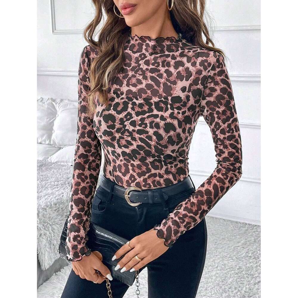 2026 Women's Sexy Leopard Print Mesh Ruffle Bodysuit T-Shirt Top For Women Sunscreen clothing base shirt