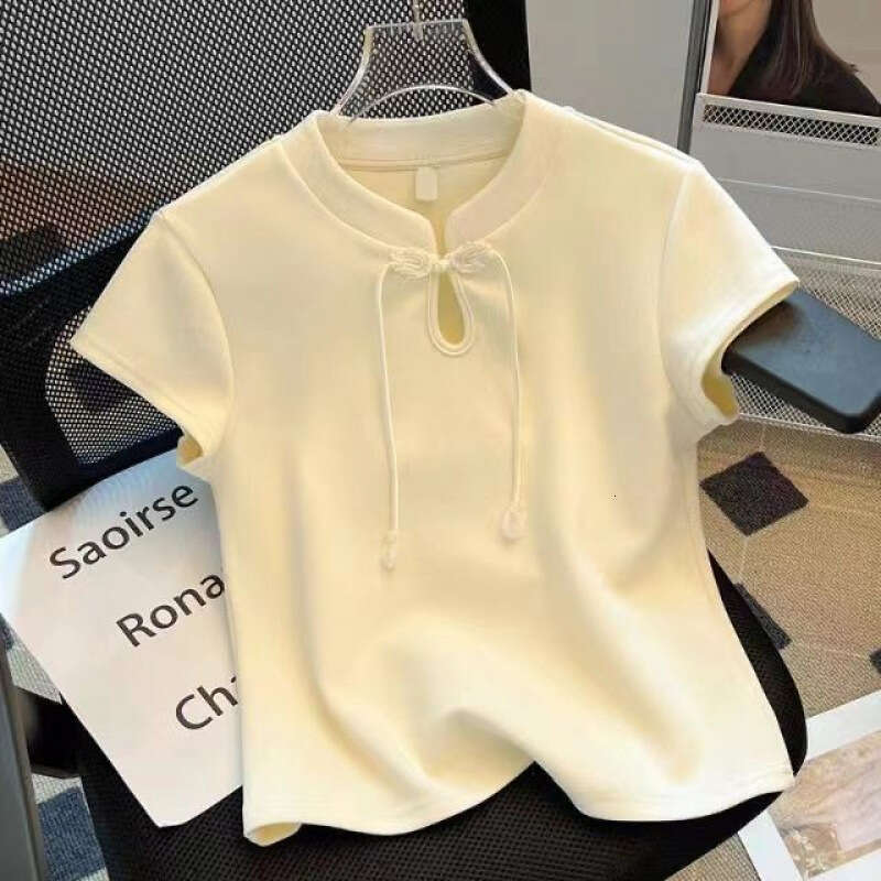 2026 Summer New Women Short Sleeve Pullover T-shirt Female Short Solid Color Tops Tees Ladies Stand Collar Casual T Shirts New Chinese Style