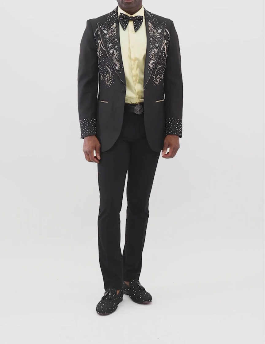 Handsome Beaded Men Suits One Button Peaked Lapel Blazer Pants Loose Fit 2 Pieces Groom Wedding Tuxedos Customized