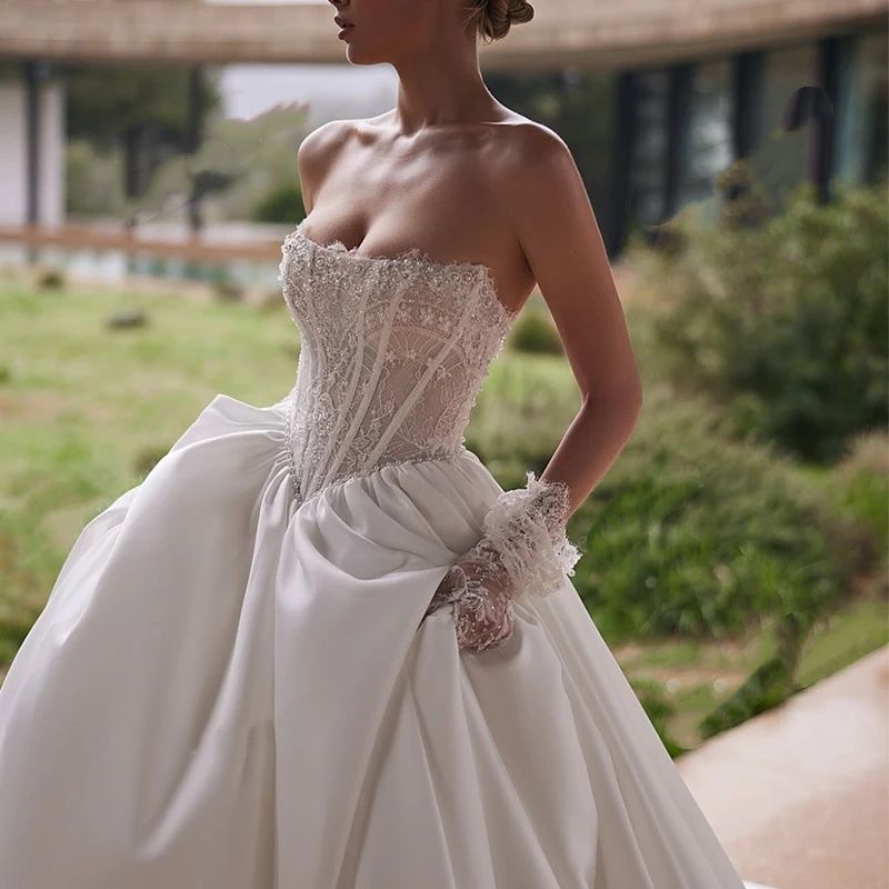 Simple A Line Wedding Dresses For Women Sequins Pearls Bridal Gown Sleeveless Lace Up Sweep Train Dress Vestido De Novia