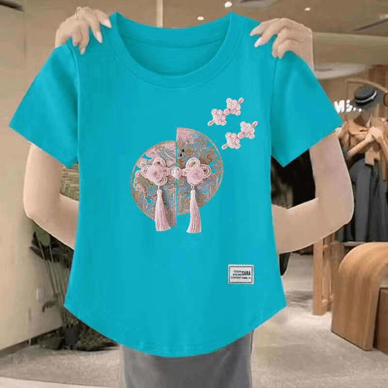 New Chinese Sle Plum Blossom Button Embroidered Pure Cotton White T-irt Women's Slim Fit ort Sve Summer Top