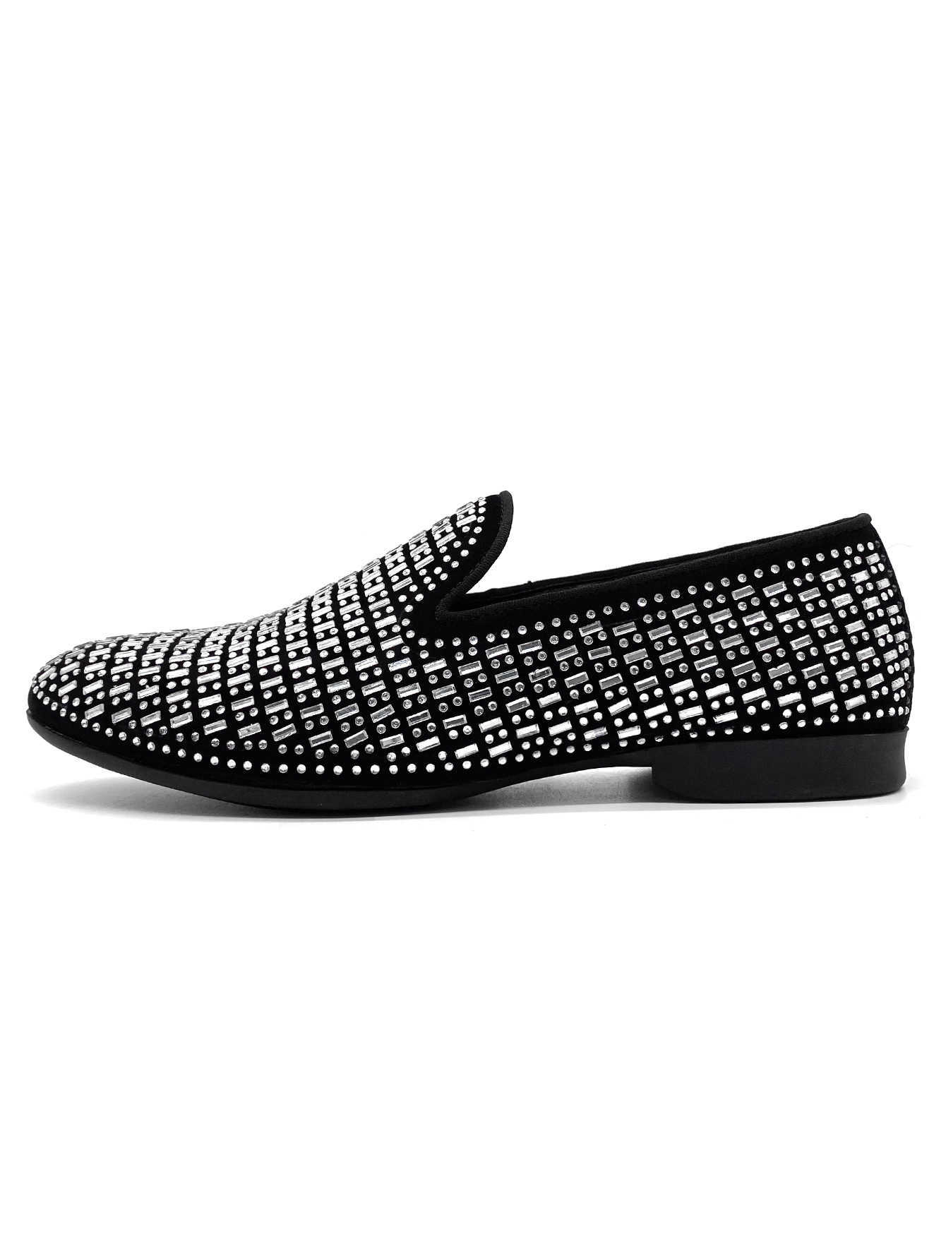 Men's Wedding Dress Shoes Black Velvet Full Rhinestone Slip On Loafers Luxury Crystal Embellished Formal Party Prom Nightclub Shoes for Men