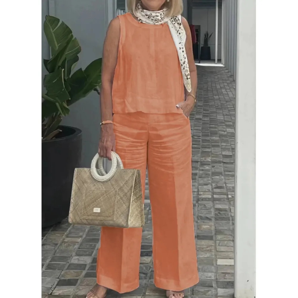 Spring Summer Cotton Linen Solid Color Sleeveless Vest Top Women Pants Suit Casual Pocket Elegant Female Office Retro 2Piece Set 260305