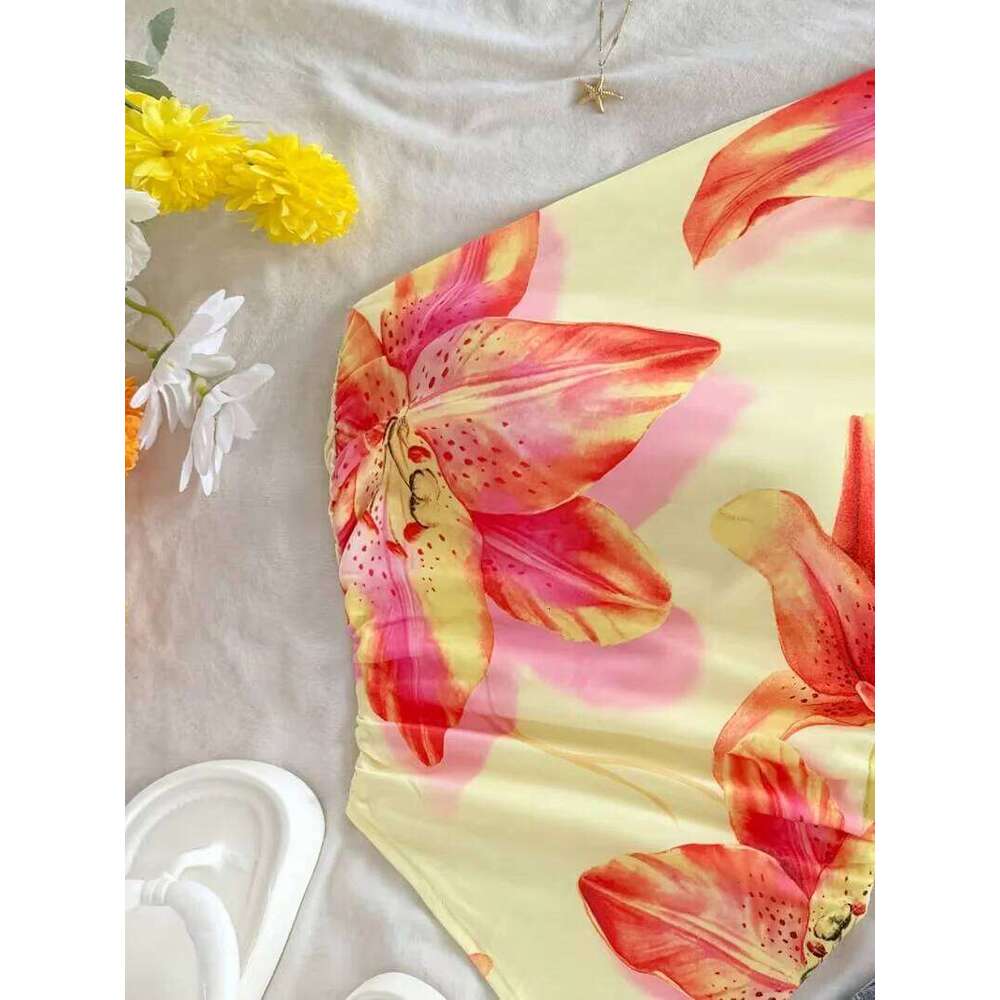 Short top, women's red printed one shoulder asymmetrical - sleeveless, ruffled hem, summer fashion top